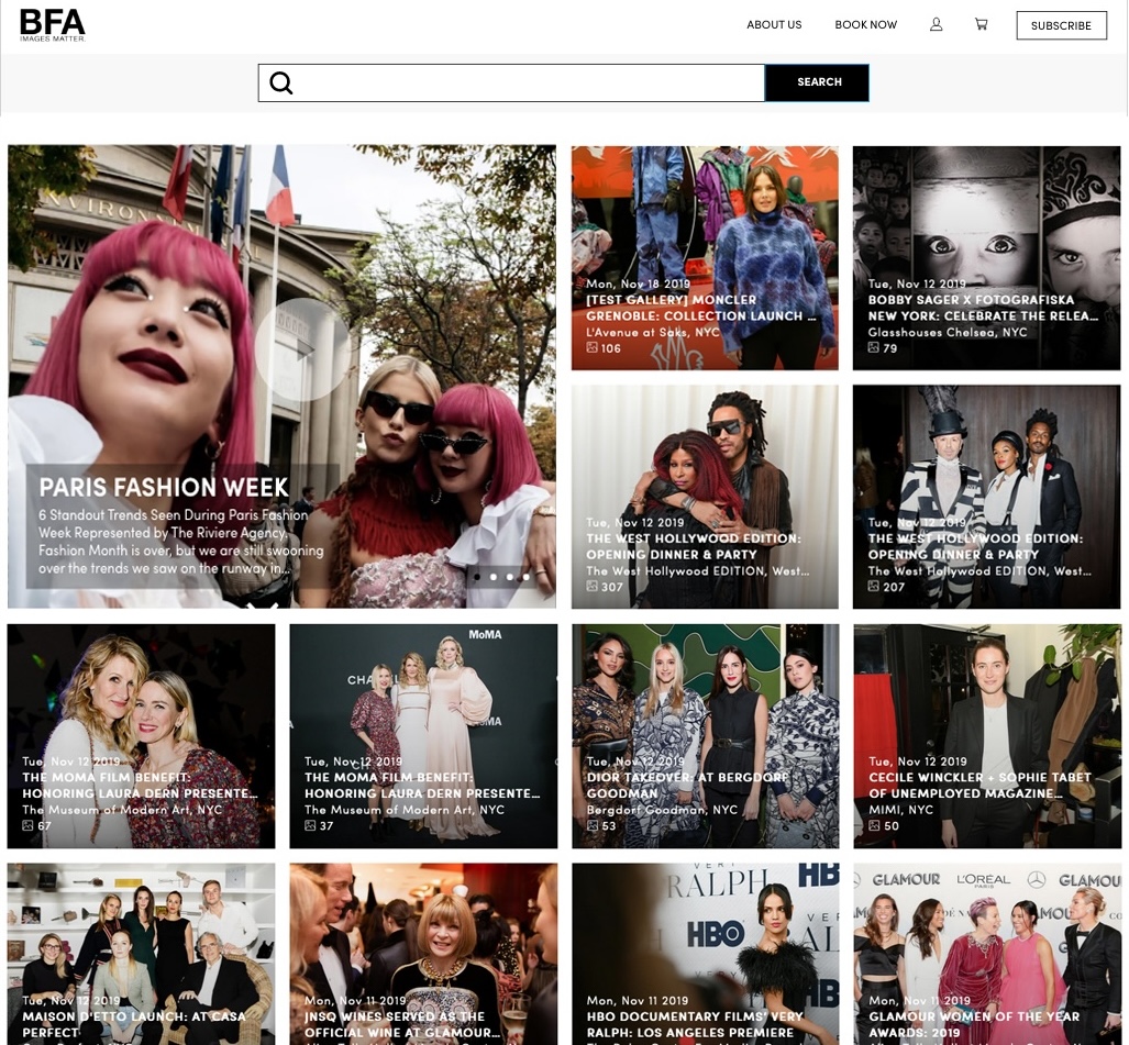 Homepage image of bfa.com featuring gridded photo galleries