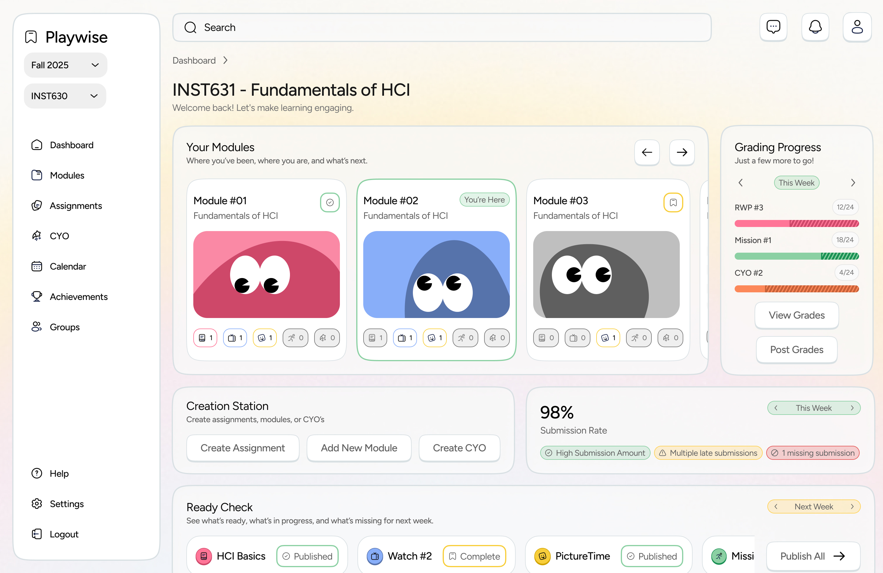 Instructor View of Playwise Instructor View